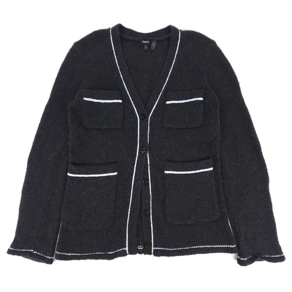 THEORY Wool Yak Knit Nuage Contrast Cardigan Button Down Sweater XS Old Money